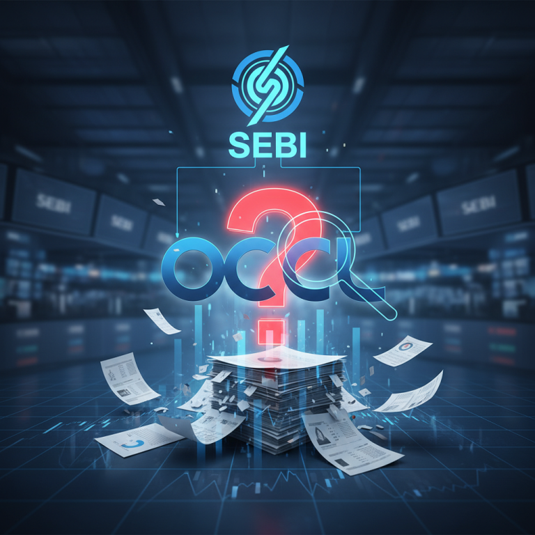 SEBI logo above a stack of financial documents and charts, with 'OCCL' and a question mark.