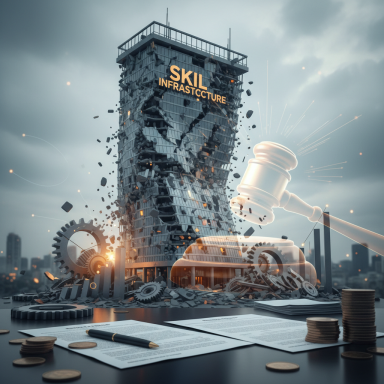 A collapsing building labeled "SKIL Infrastructure" with a gavel, legal documents, and gears, symbolizing corporate insolvency.