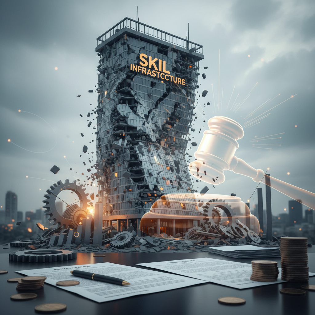 A collapsing building labeled "SKIL Infrastructure" with a gavel, legal documents, and gears, symbolizing corporate insolvency.
