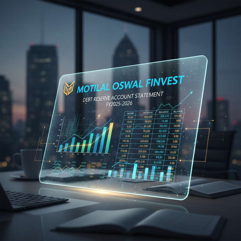 A futuristic financial dashboard displaying Motilal Oswal Finvest's debt reserve account statement for FY2025-2026.