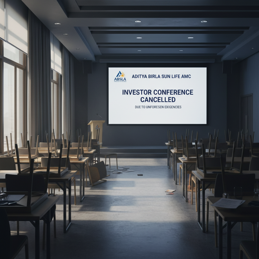 An empty, dimly lit conference room with chairs stacked on tables and "INVESTOR CONFERENCE CANCELLED" on a screen.