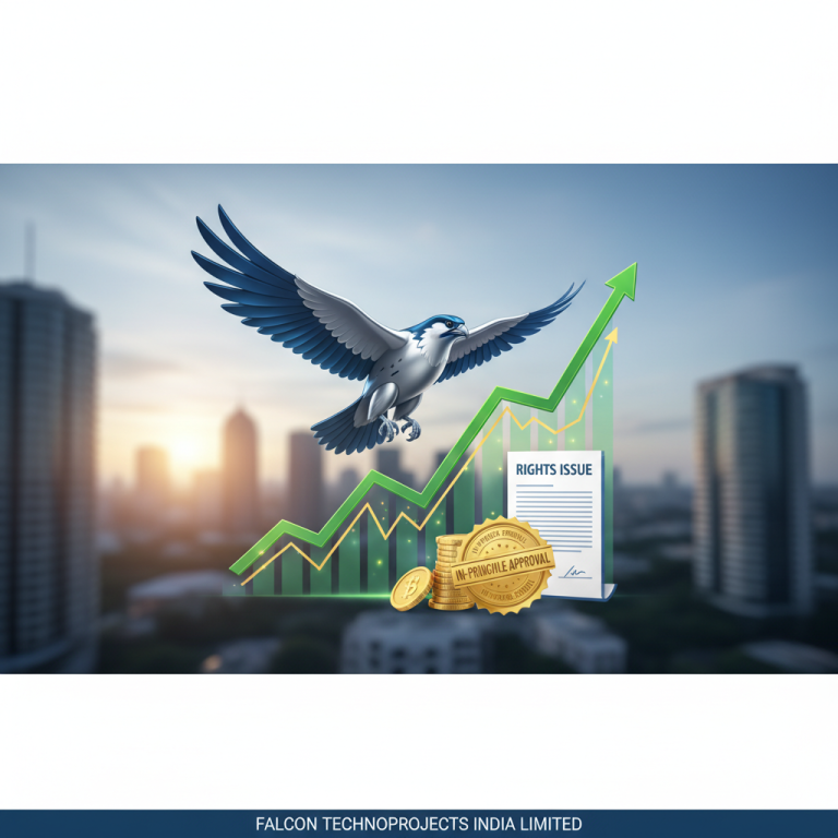 A majestic falcon flying over a city skyline with an upward trending stock chart and a document labeled "RIGHTS ISSUE" and "IN-PRINCIPLE APPROVAL".