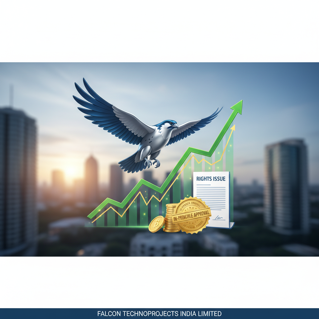 A majestic falcon flying over a city skyline with an upward trending stock chart and a document labeled "RIGHTS ISSUE" and "IN-PRINCIPLE APPROVAL".