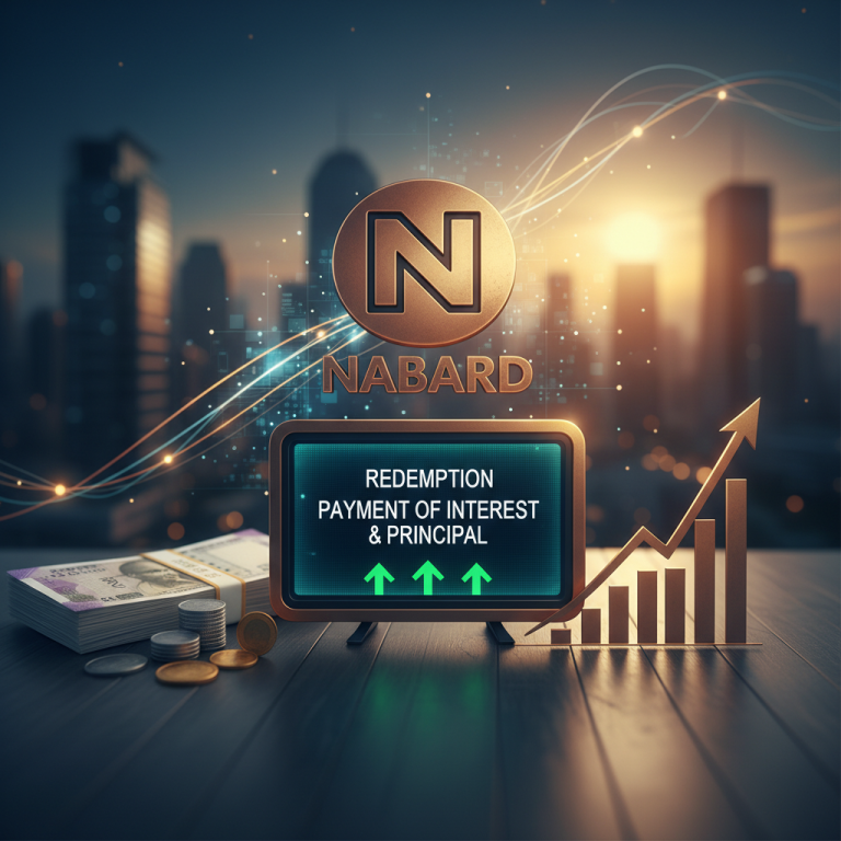 A digital display showing "Redemption, Payment of Interest & Principal" with upward arrows, beside stacks of money and coins, and a rising bar graph, with the NABARD logo.