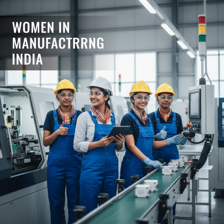 Four Indian women engineers in a factory, two giving thumbs up, one holding a tablet.