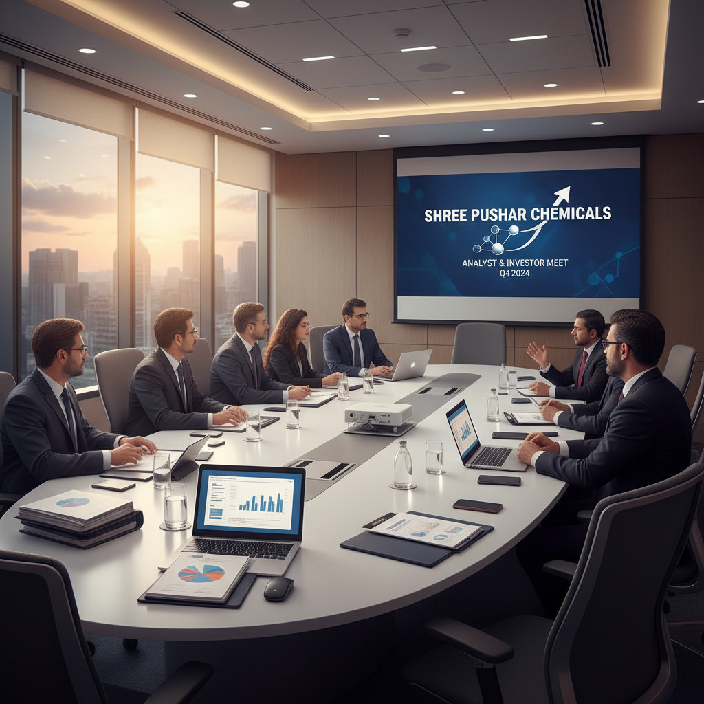 A group of professionals in suits at a large conference table with laptops and documents, discussing in a modern meeting room with a city view.