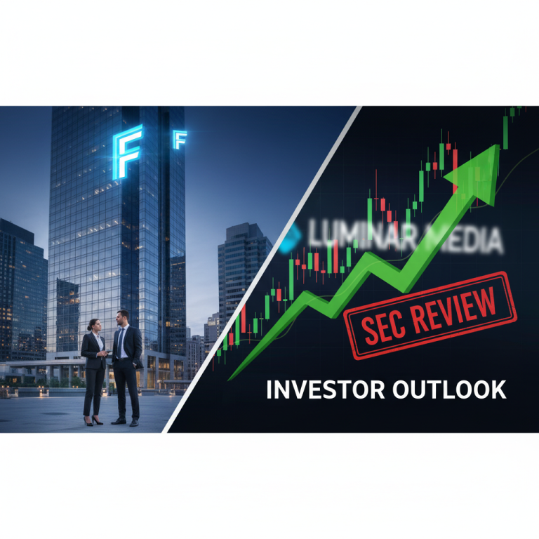 Business professionals discussing in front of a modern building, representing Fortun. Financial chart with "SEC REVIEW."