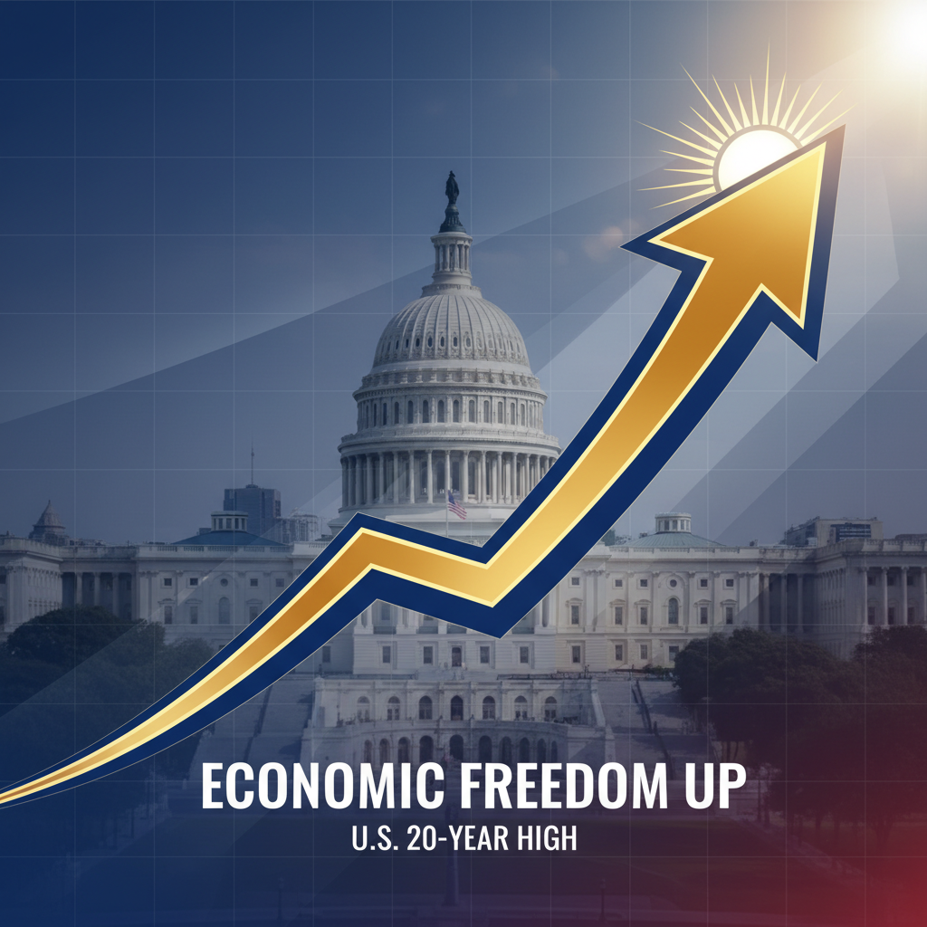 A golden arrow pointing upwards over the U.S. Capitol Building, symbolizing economic growth and freedom.