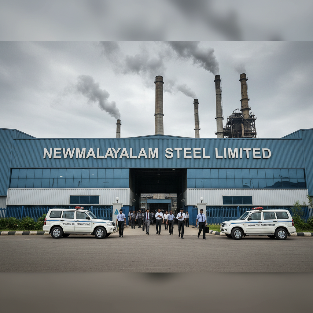 A professional image showing the exterior of Newmalayalam Steel Limited, with a factory in the background and two official-looking cars in front, conveying a sense of corporate action or investigation.