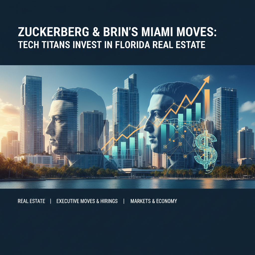 Conceptual image showing Zuckerberg and Brin's silhouettes over Miami skyline with financial growth elements.