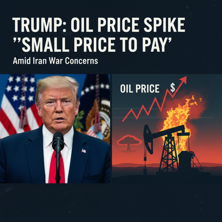 Image featuring Donald Trump, an oil derrick on fire, a rising oil price graph, and a mushroom cloud.
