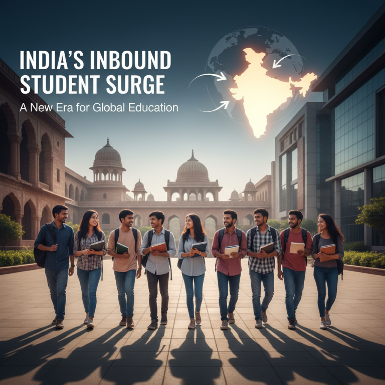 Diverse group of smiling students walking on a university campus with a glowing map of India and global education graphics above.