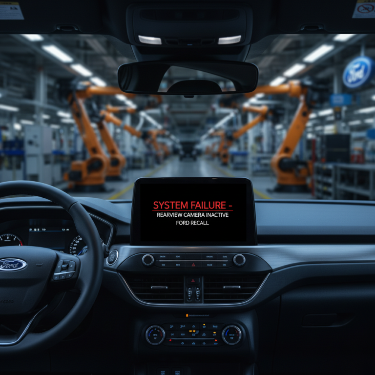 Inside a Ford car with a "SYSTEM FAILURE" message on the screen, factory with robotic arms blurred in background.