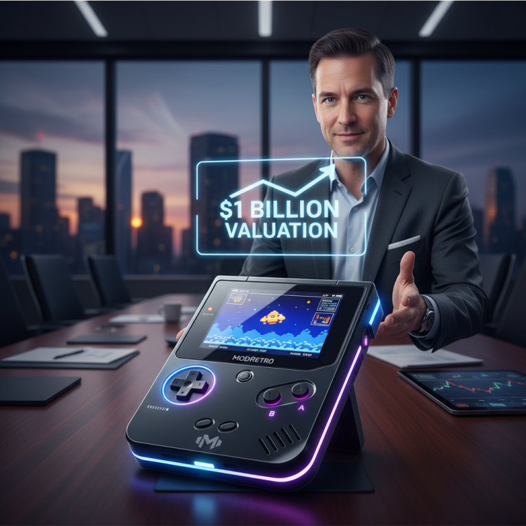 A man in a suit presents a retro gaming handheld with a holographic "1 Billion Valuation" graphic in a modern office.