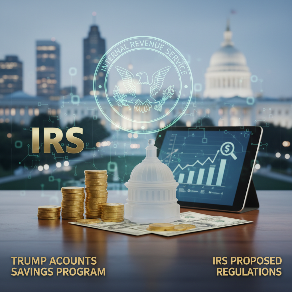 A digital tablet displaying financial charts, stacks of gold coins, and a miniature Capitol Building with the IRS logo.