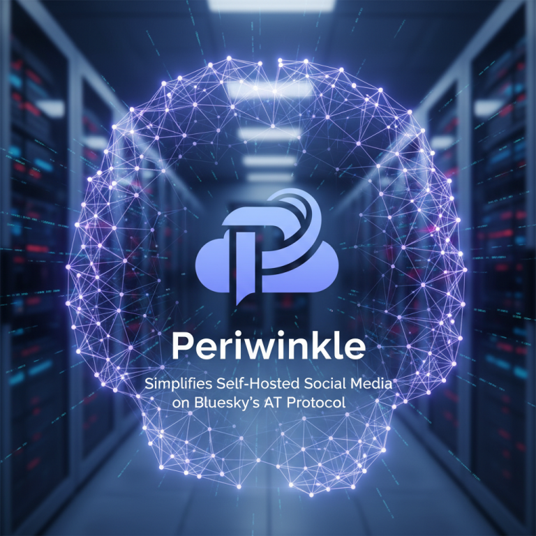 A digital cloud with the Periwinkle logo and title, set against a backdrop of glowing server racks.