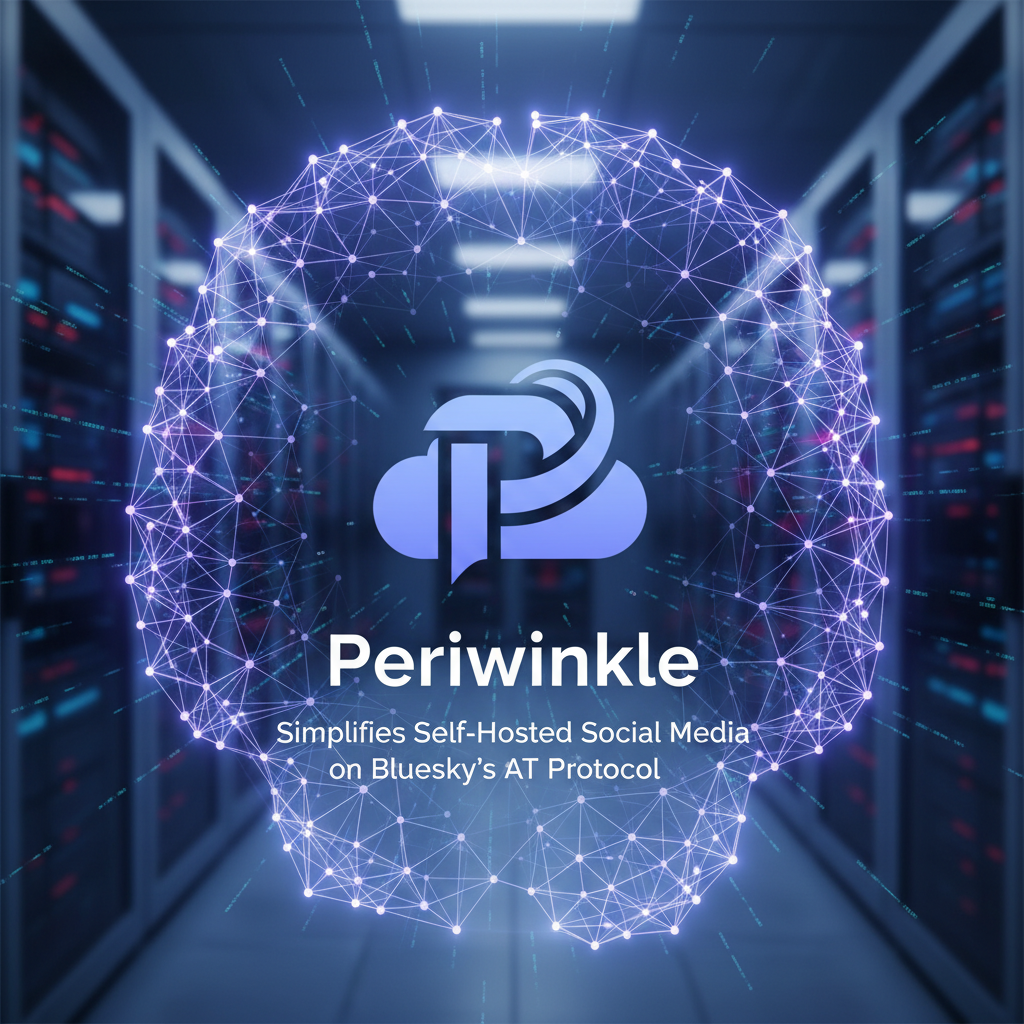 A digital cloud with the Periwinkle logo and title, set against a backdrop of glowing server racks.