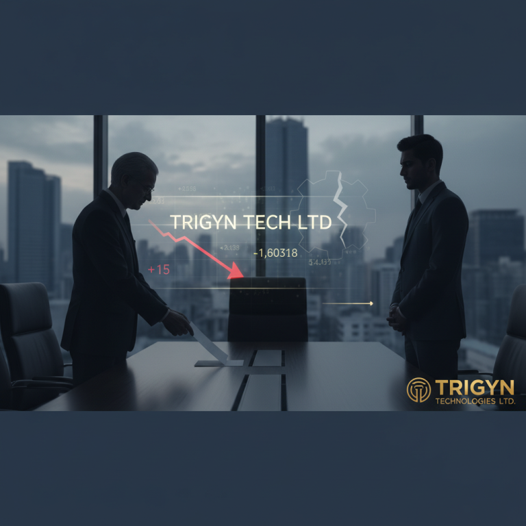 Two businessmen in suits, one looking down at documents, the other standing across a table with a broken gear and declining stock chart overlay.