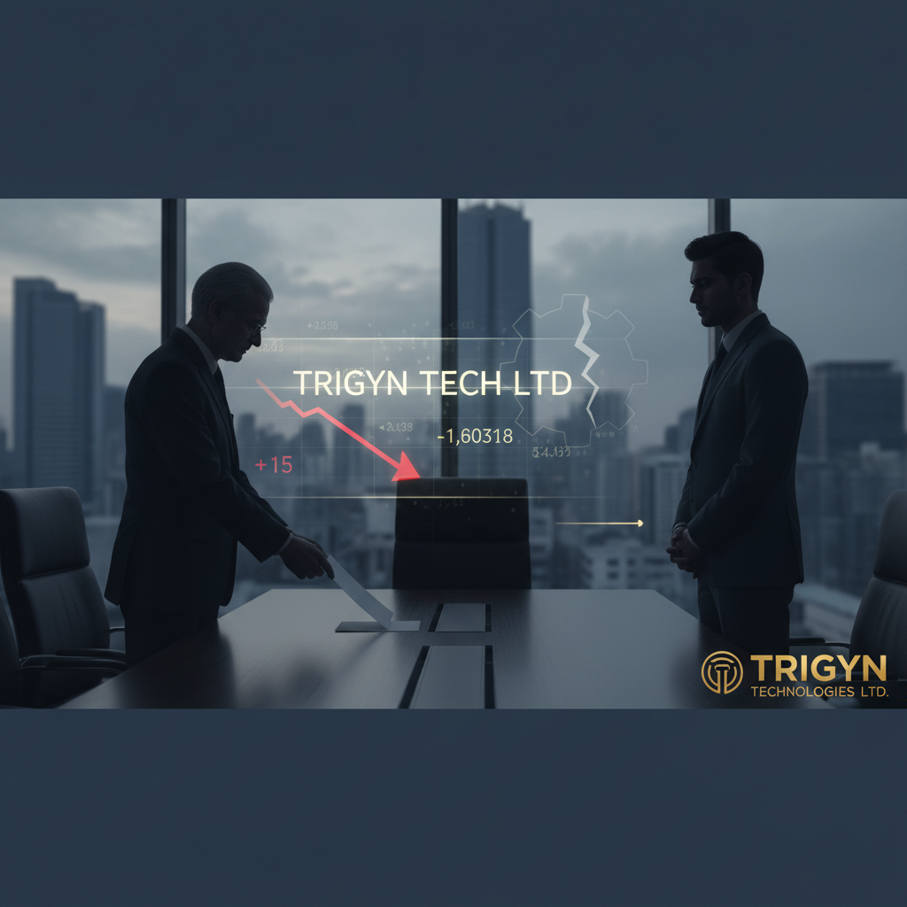 Two businessmen in suits, one looking down at documents, the other standing across a table with a broken gear and declining stock chart overlay.