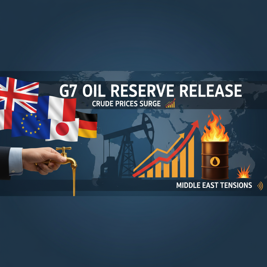 An image depicting G7 flags, a hand turning a tap releasing oil, an oil barrel on fire, and rising arrows.