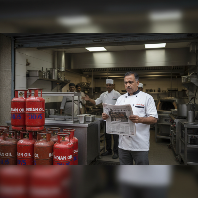 A chef in a professional kitchen reads a newspaper with a headline about LPG shortage, beside stacked red gas cylinders.