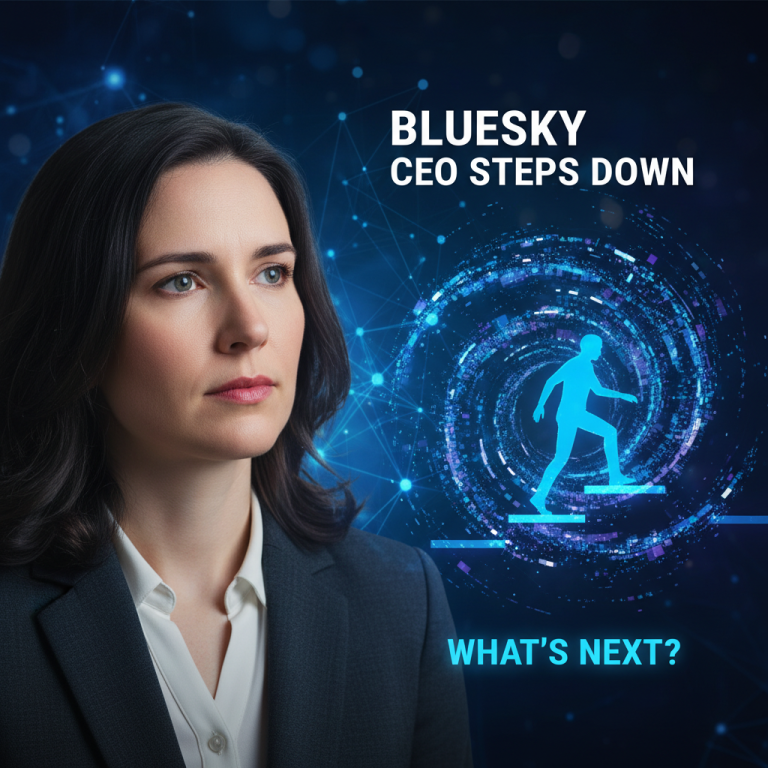 Portrait of Jay Graber, Bluesky CEO, with a digital swirl and silhouette stepping up, symbolizing change.