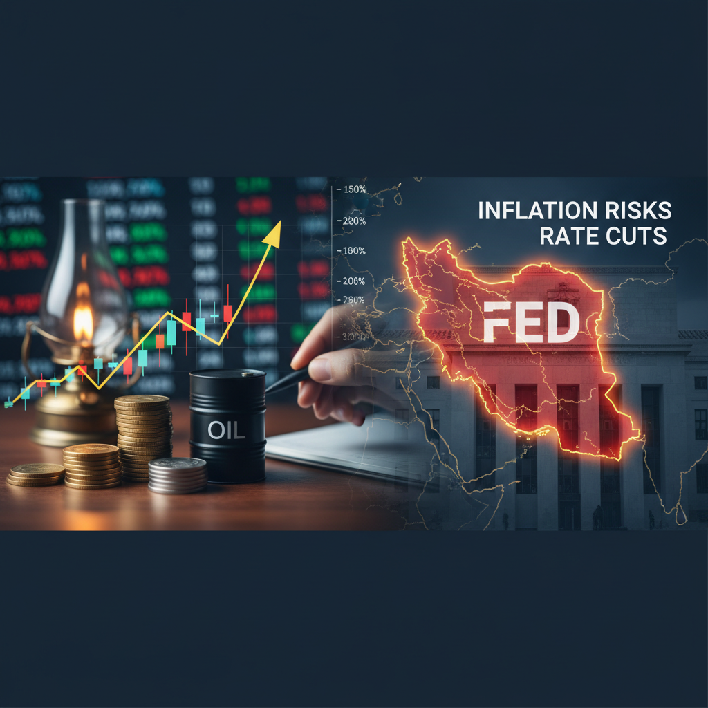 A composite image showing financial charts, oil barrels, the map of Iran, and the text "FED," "Inflation Risks," and "Rate Cuts."
