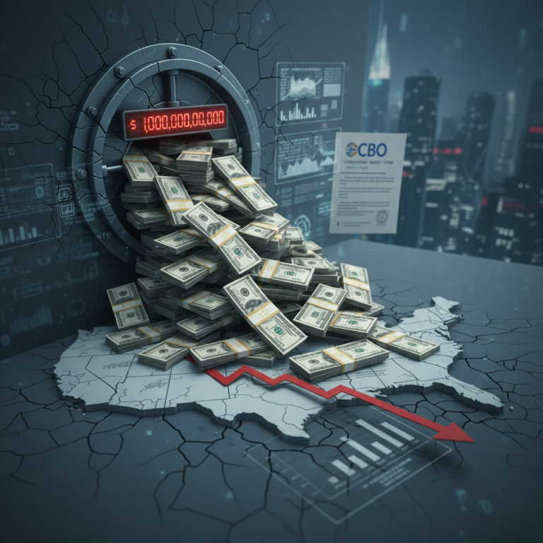 An overflowing vault of money on a cracked map of the US, symbolizing the budget deficit.