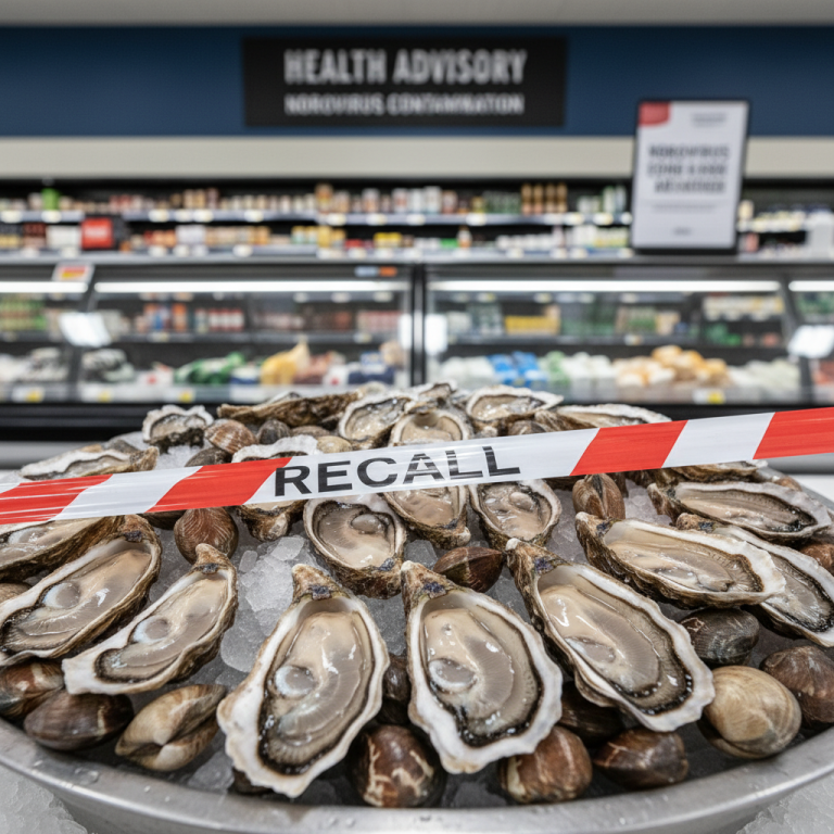 A professional image showing fresh oysters and clams on ice with "RECALL" tape, in a grocery store setting.