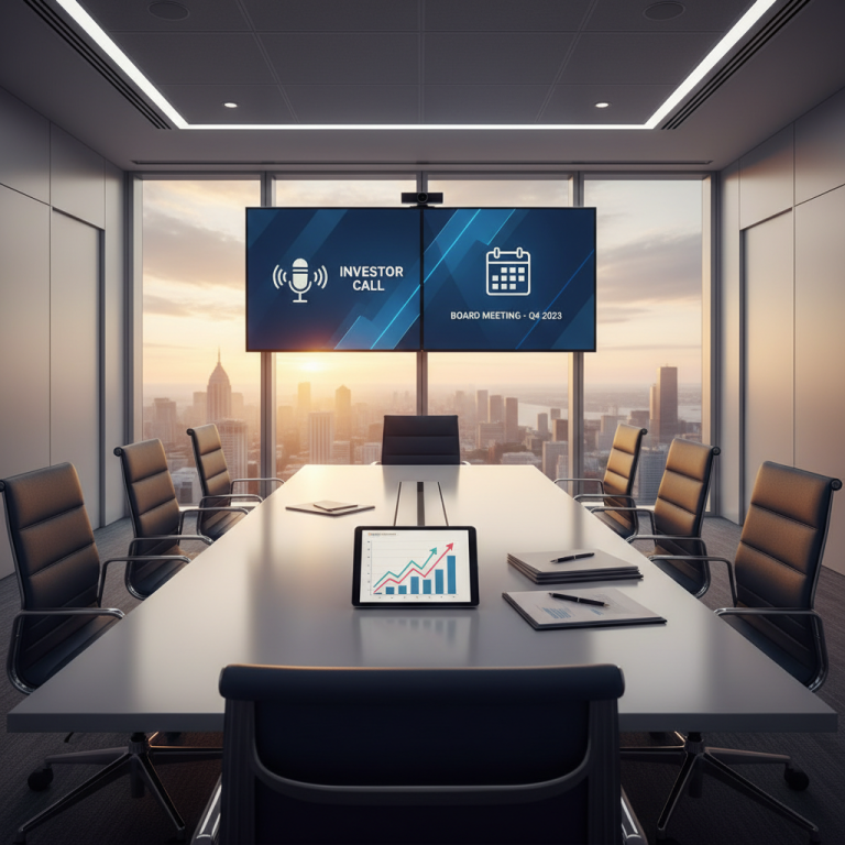 A modern boardroom with a cityscape view, showing screens for an investor call and board meeting.