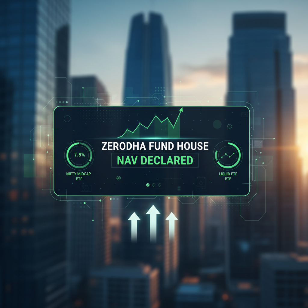 A digital display overlaying a cityscape, showing "Zerodha Fund House NAV Declared" with upward trend graphics for ETFs.