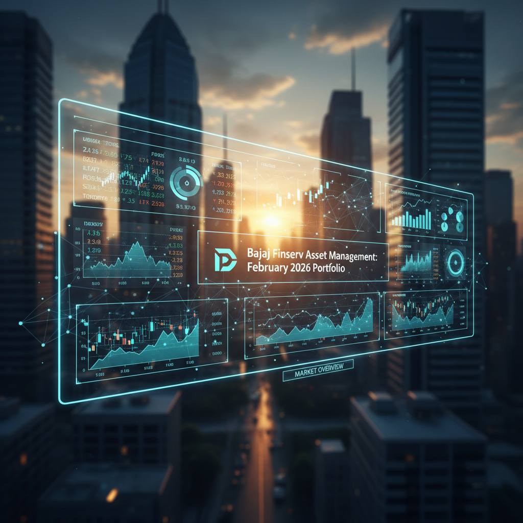 A digital overlay of financial charts and data with "Bajaj Finserv Asset Management: February 2026 Portfolio" over a cityscape.