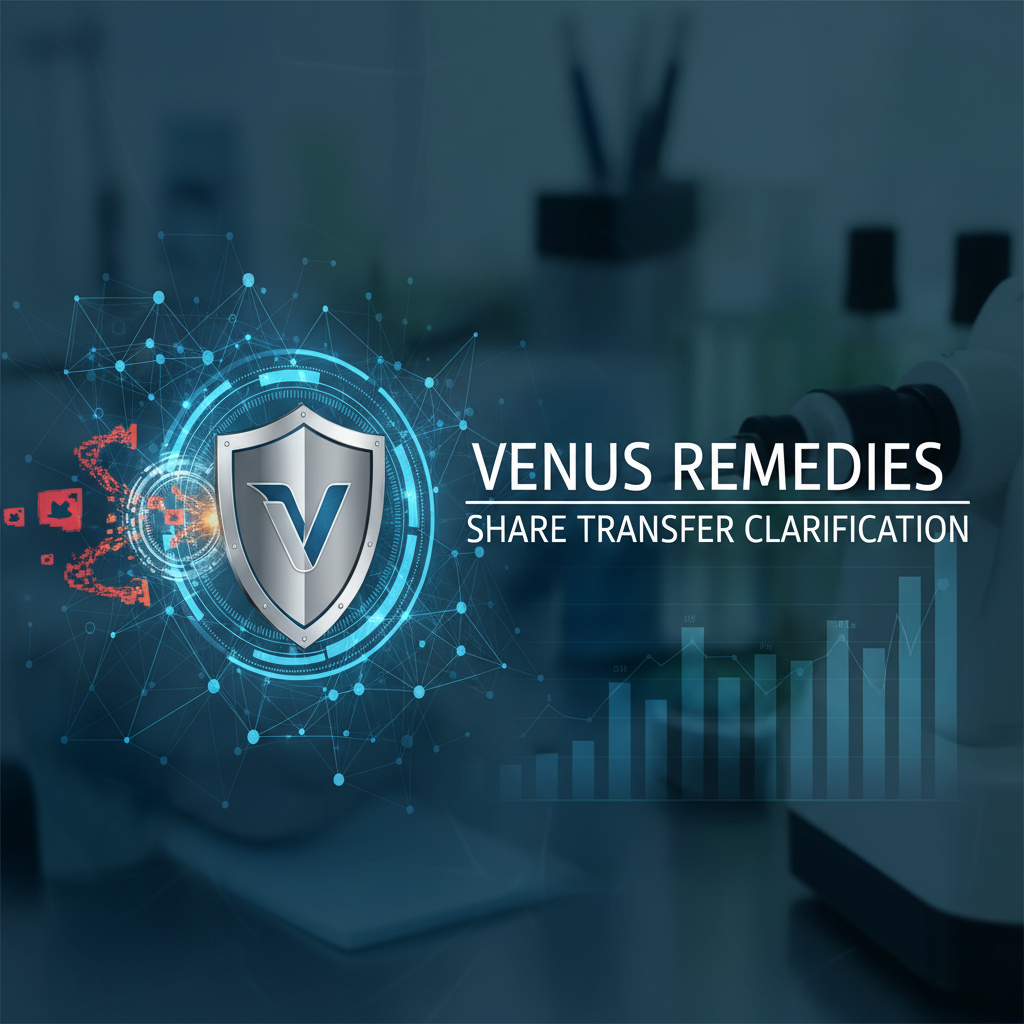 ** A digital shield icon with a 'V' representing Venus Remedies, surrounded by a network, clarifying share transfer concerns.