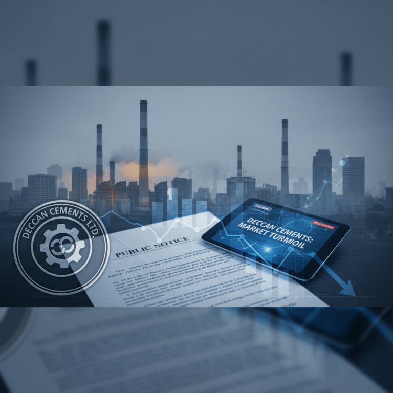 A professional image showing a public notice, a tablet displaying market data, a factory, and a downward trend graph.