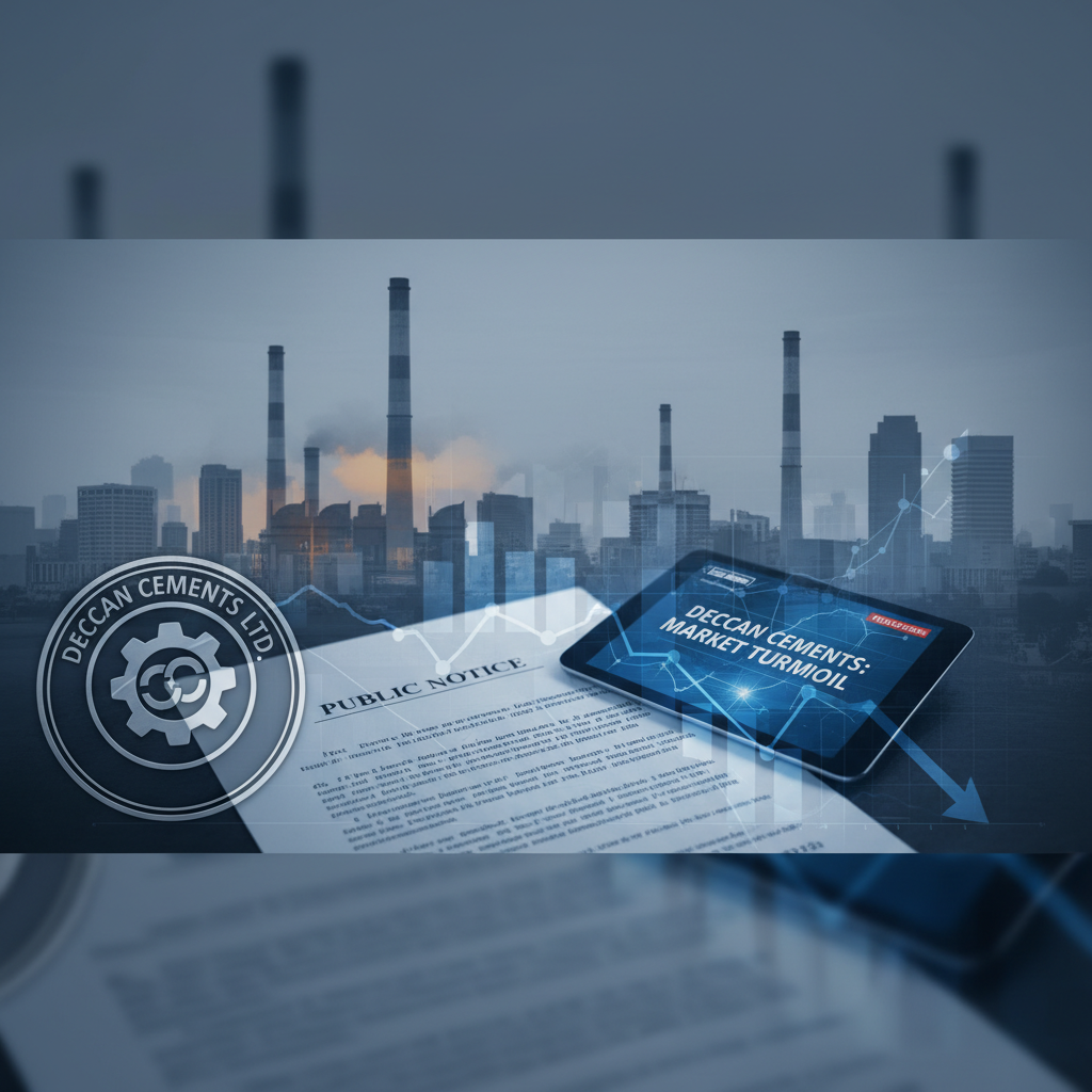 A professional image showing a public notice, a tablet displaying market data, a factory, and a downward trend graph.