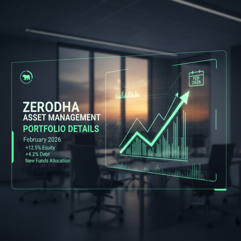 A professional visual displaying "Zerodha Asset Management Portfolio Details" for February 2026, with an upward trend graph.