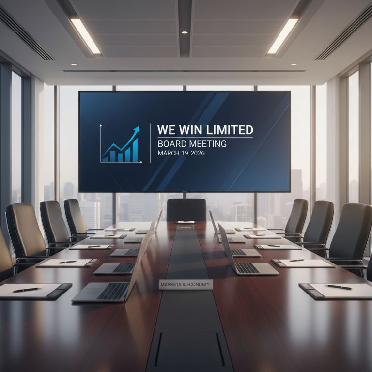 Professional boardroom with "WE WIN LIMITED Board Meeting March 19, 2026" on a screen.