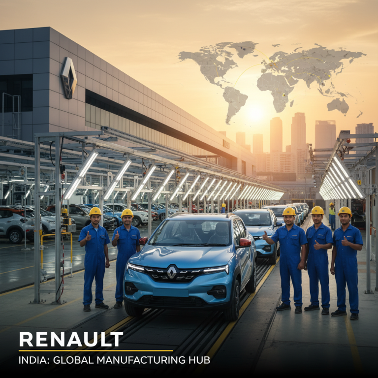Renault India manufacturing plant with new cars and workers, overlaid with a global map showing connected markets.