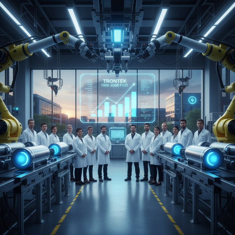 A professional team stands in a high-tech battery factory with robotic arms and a holographic growth chart.