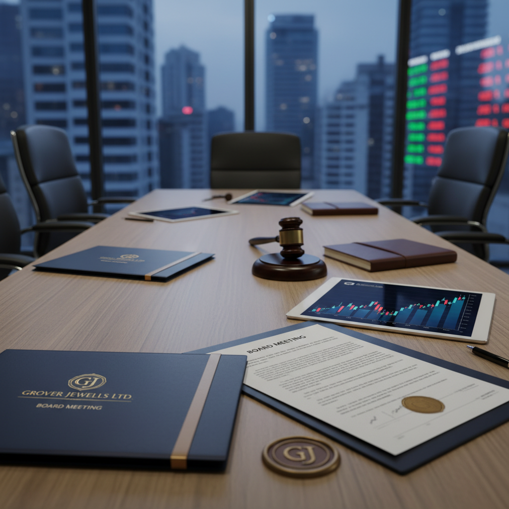 A professional image depicting a boardroom setting with documents, a gavel, and tablets displaying financial data.