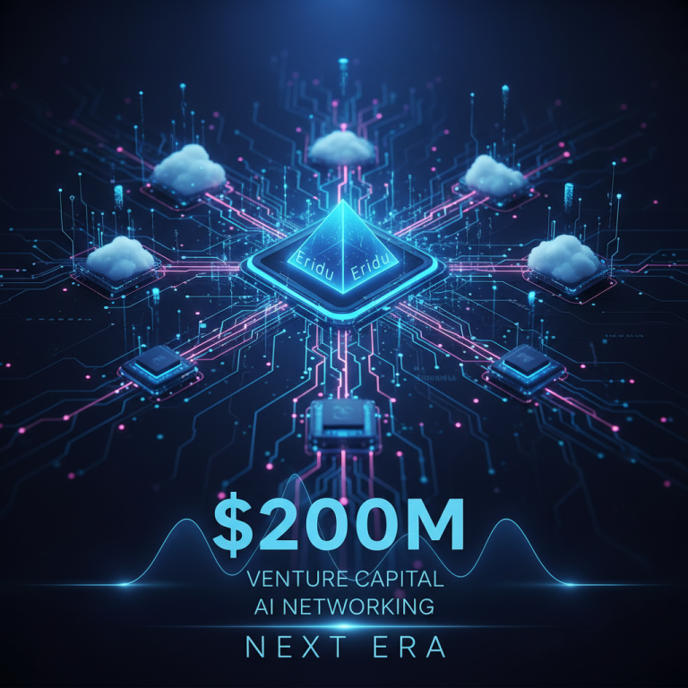 Futuristic AI networking concept with "Eridu" at its core and $200M funding.