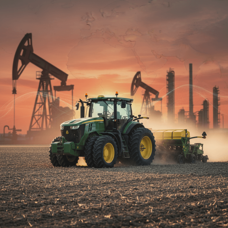 A green tractor plowing a field at sunset, with oil derricks and refineries silhouetted in the background under an orange sky.