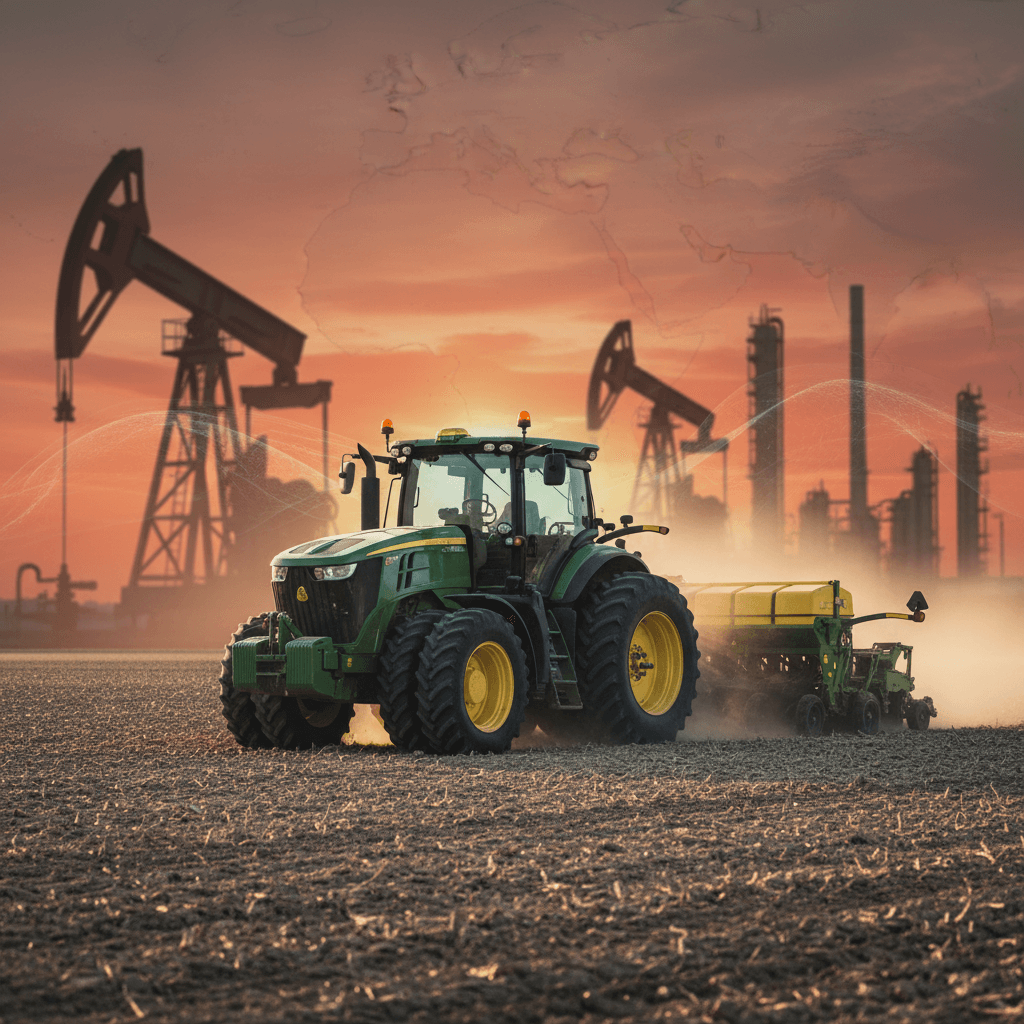 A green tractor plowing a field at sunset, with oil derricks and refineries silhouetted in the background under an orange sky.