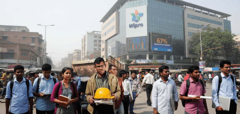 A crowd of young Indian graduates, some holding degrees or portfolios, walking past a Wipro office building in an urban setting.