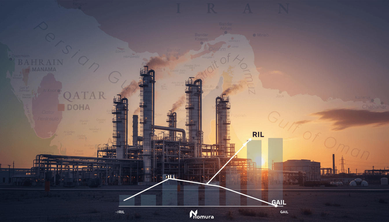 An oil refinery at sunset with glowing charts showing RIL's rise and GAIL's resilience amidst Middle East tensions.
