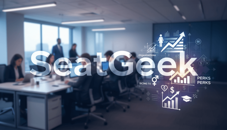 A modern office setting with blurred figures working, overlaid with "SeatGeek" and various business and benefit-related icons.