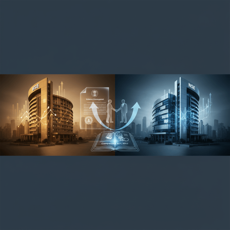 A split image showing the BSE building on the left with golden financial graphs and the NSE building on the right with blue graphs.