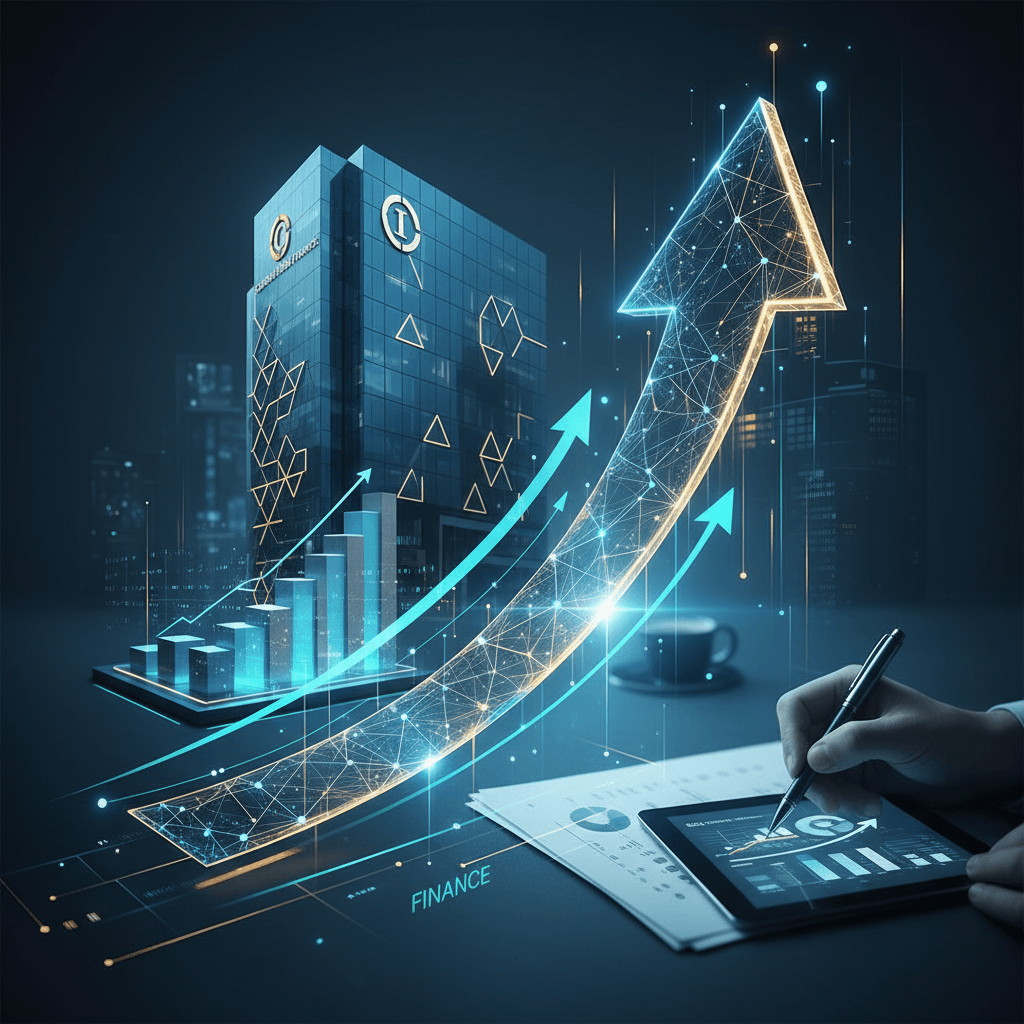 A digital illustration showing a glowing upward arrow over financial charts, a modern building, and a person using a tablet.