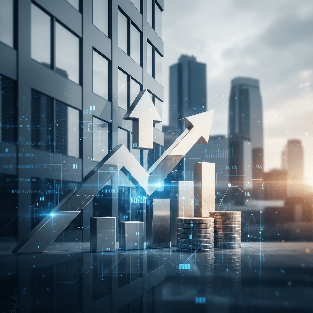 A financial graph with upward arrows and stacks of coins, symbolizing growth and investment, with a modern building and city skyline in the background.
