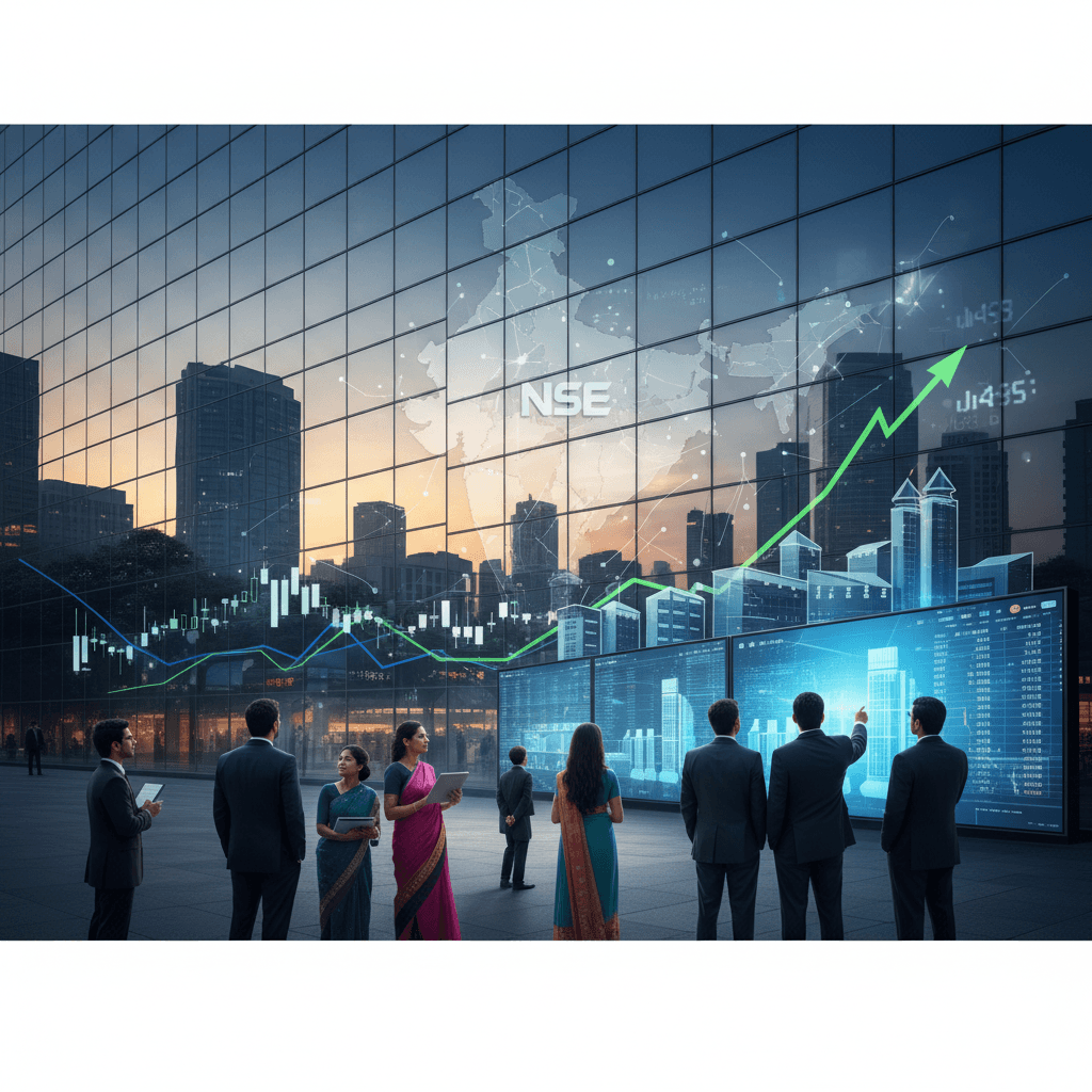 Professionals view a financial data display on a modern building, showing a rising stock chart and map of India.